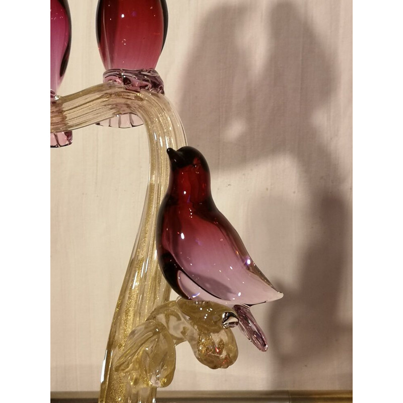 Vintage Italian sculpture of Murano "tree birds" with gold inclusion by Alfredo Barbini 1950