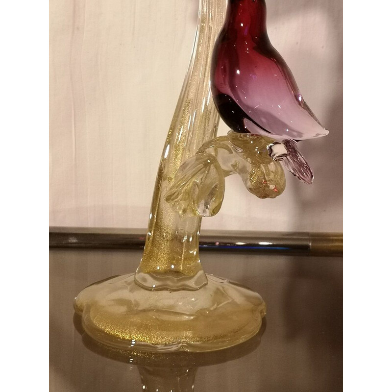 Vintage Italian sculpture of Murano "tree birds" with gold inclusion by Alfredo Barbini 1950