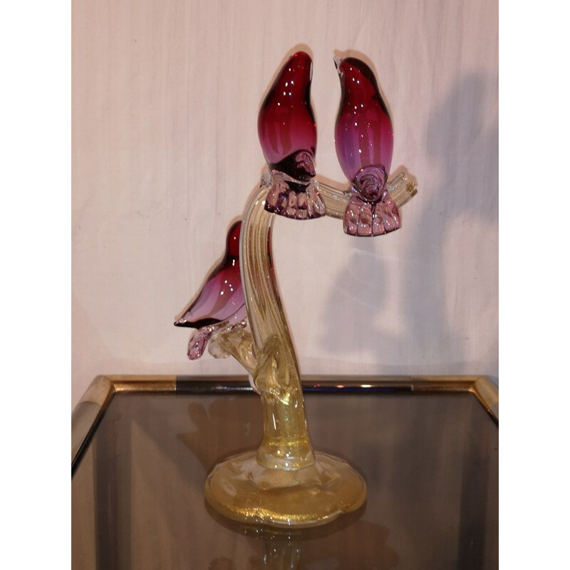Vintage Italian sculpture of Murano "tree birds" with gold inclusion by Alfredo Barbini 1950