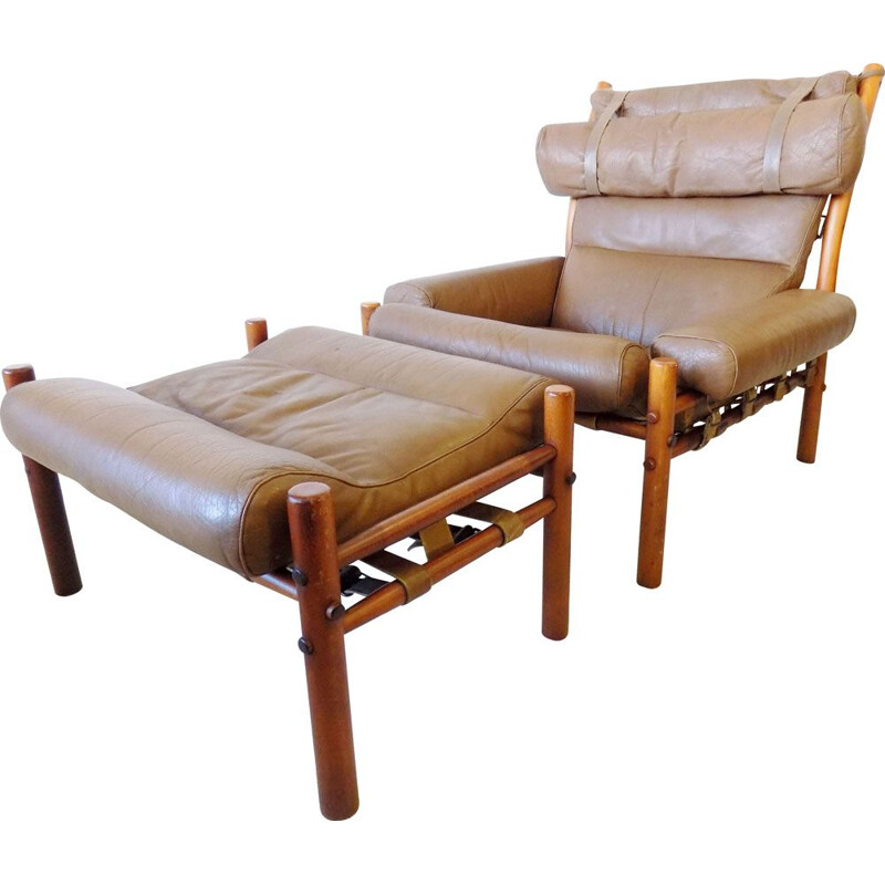 Vintage Inca armchair with ottoman in caramel leather by Arne Norell for Norell AB
