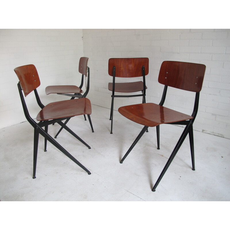 Set of 4 Industrial Marko chairs in steel and wood - 1960s