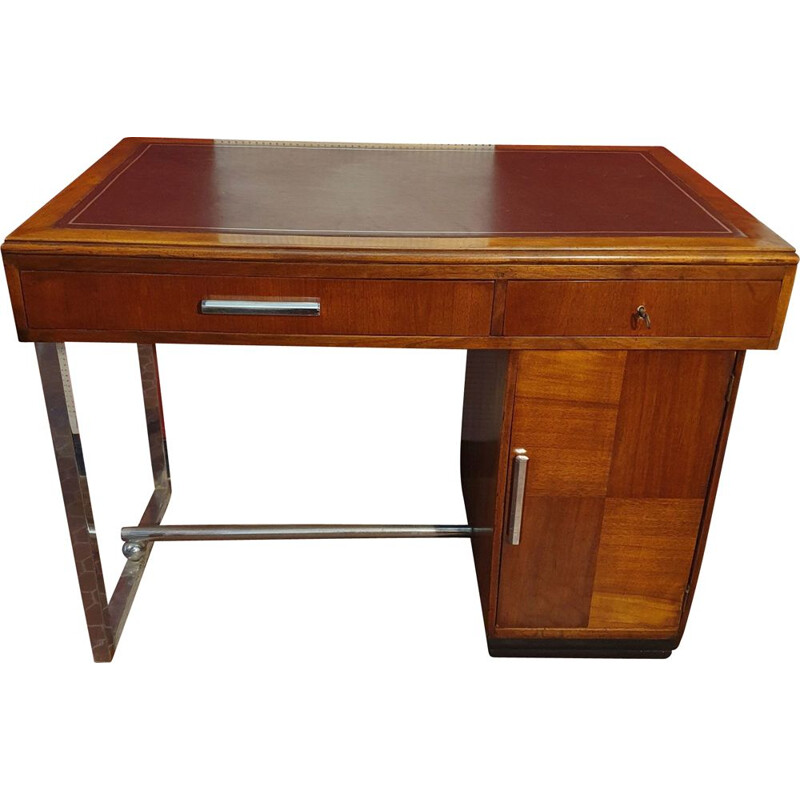 Vintage Art Deco desk in Walnut & Leather with Metal Legs, 1930s