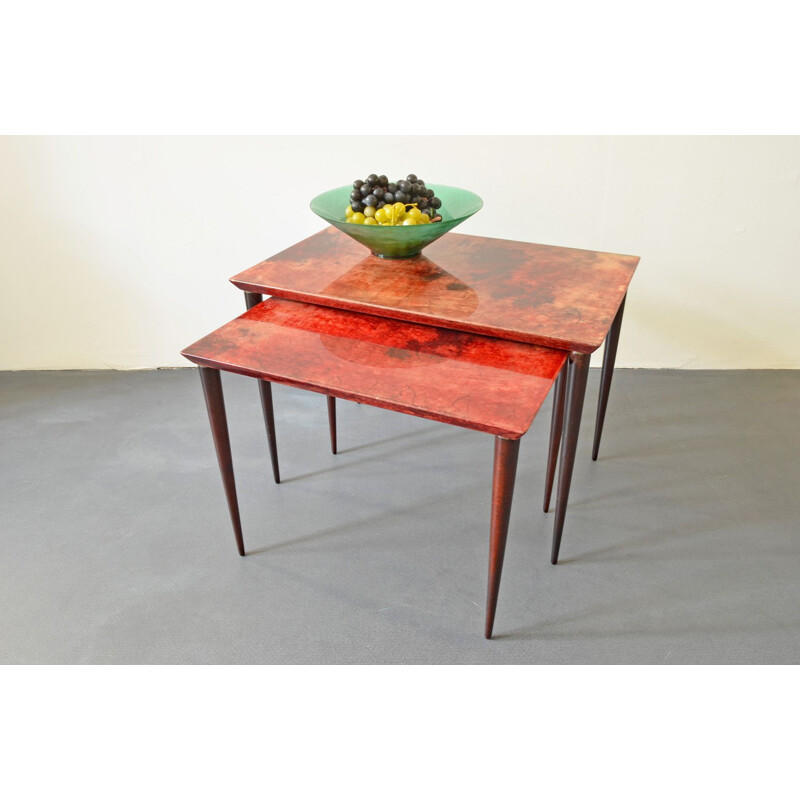 Vintage Red, lacquered Goatskin Nesting Tables by Aldo Tura for Tura Mobili, Italy 1960s. 