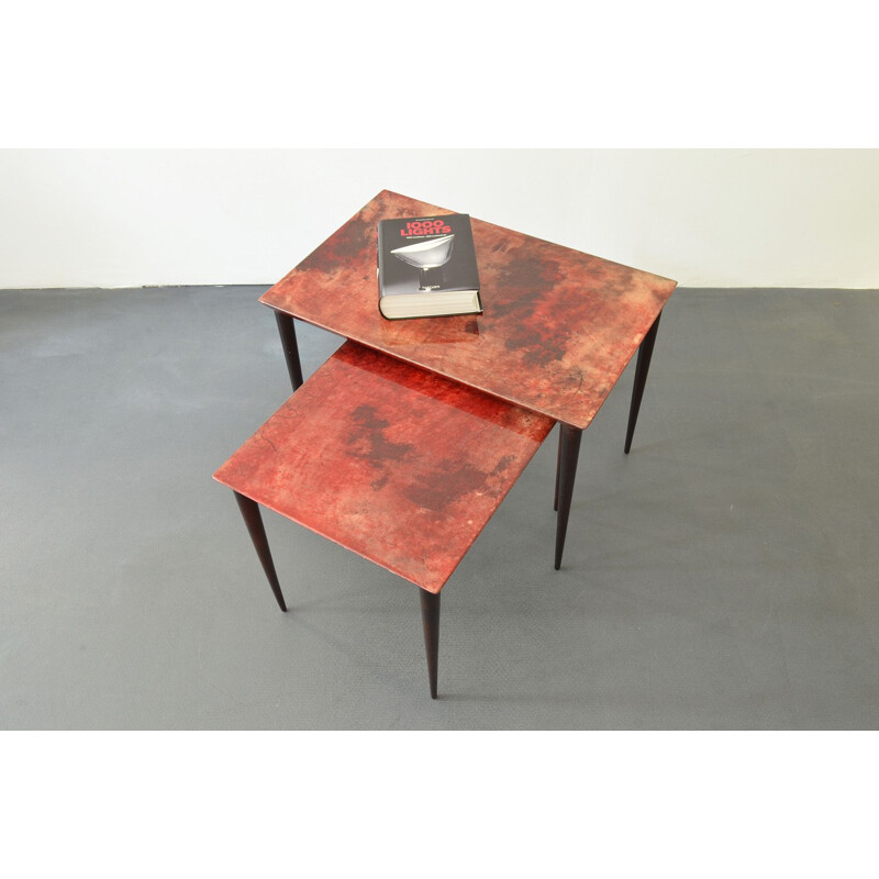 Vintage Red, lacquered Goatskin Nesting Tables by Aldo Tura for Tura Mobili, Italy 1960s. 