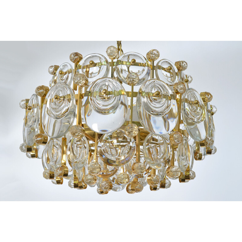 Vintage Gilded Brass & Crystal Glass Chandelier by Palwa, Germany 1960s