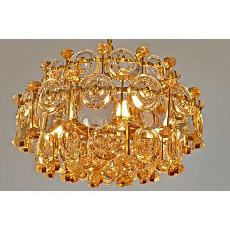 Vintage Gilded Brass & Crystal Glass Chandelier by Palwa, Germany 1960s