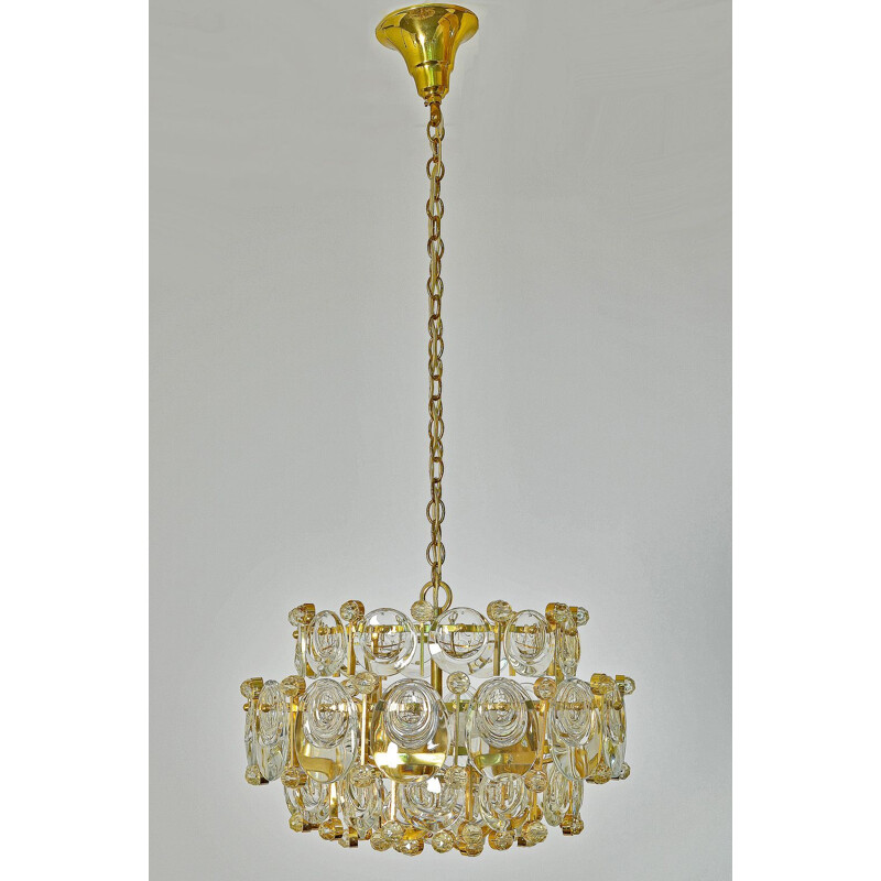 Vintage Gilded Brass & Crystal Glass Chandelier by Palwa, Germany 1960s