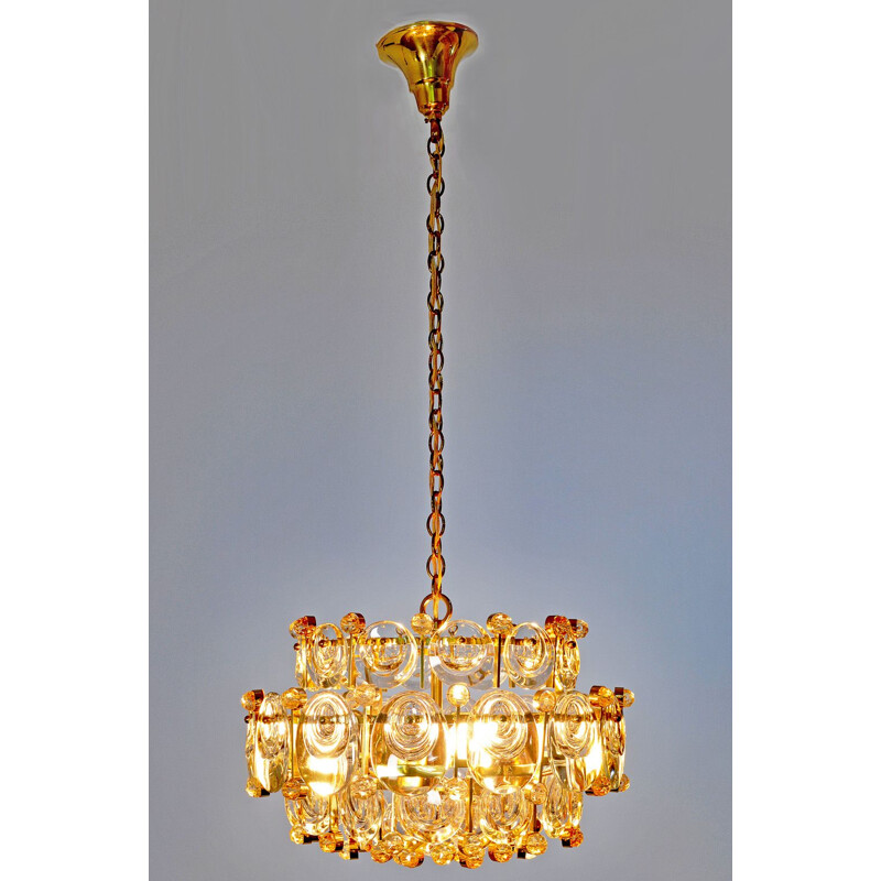 Vintage Gilded Brass & Crystal Glass Chandelier by Palwa, Germany 1960s