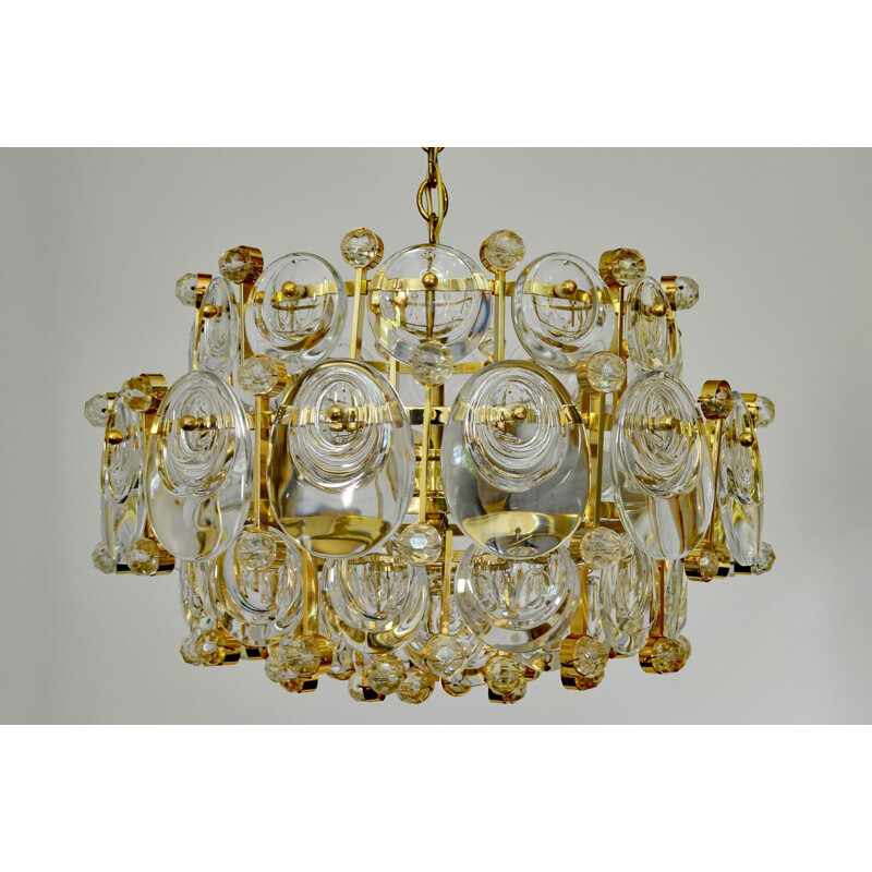 Vintage Gilded Brass & Crystal Glass Chandelier by Palwa, Germany 1960s