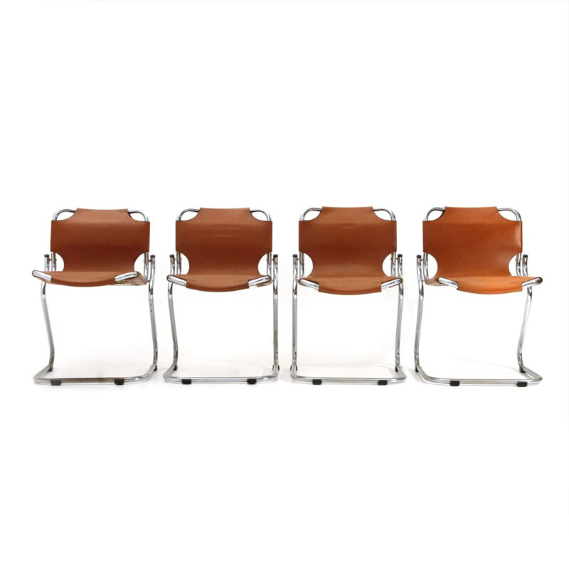 Set of 4 vintage chromed and leather dining chairs by Isao Hosoe for Rima, 1970s
