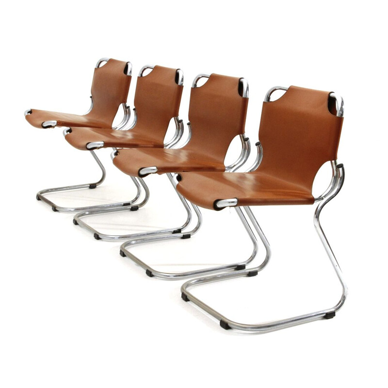 Set of 4 vintage chromed and leather dining chairs by Isao Hosoe for Rima, 1970s