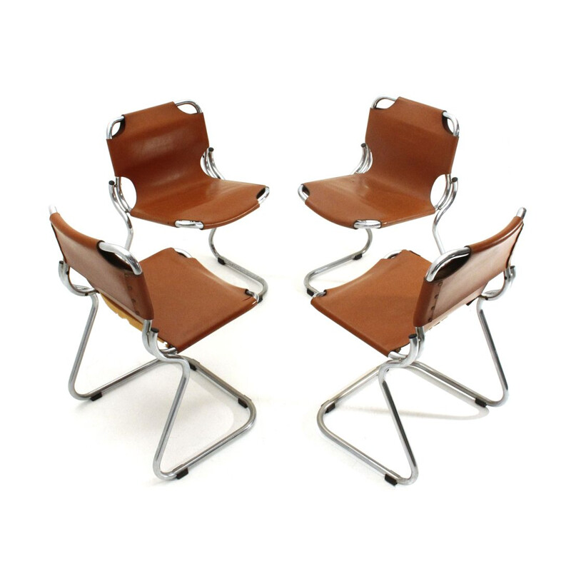 Set of 4 vintage chromed and leather dining chairs by Isao Hosoe for Rima, 1970s