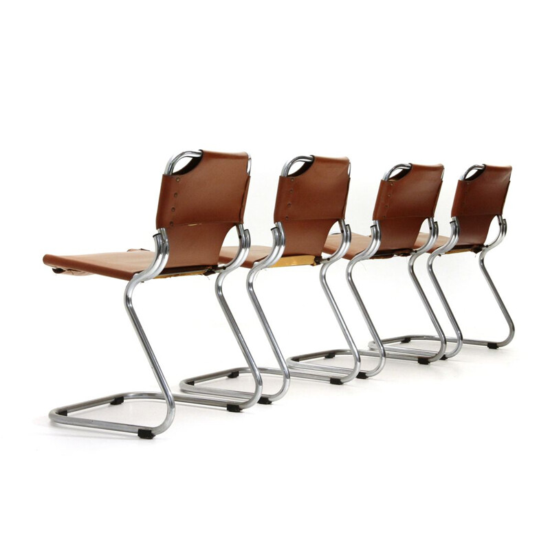 Set of 4 vintage chromed and leather dining chairs by Isao Hosoe for Rima, 1970s