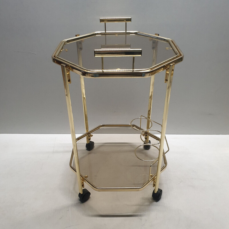 Vintage Octagonal gold-plated & smoked glass serving trolley with a removable tray by Morex, 1980s