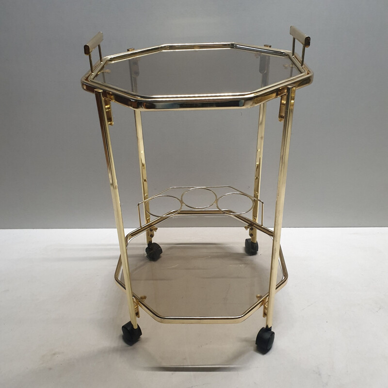 Vintage Octagonal gold-plated & smoked glass serving trolley with a removable tray by Morex, 1980s