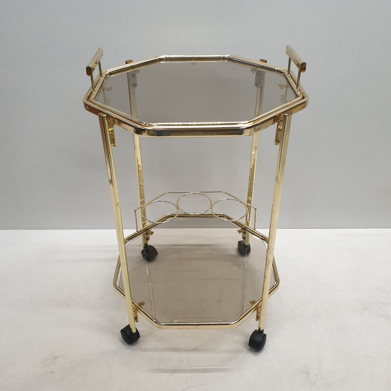 Vintage Octagonal gold-plated & smoked glass serving trolley with a removable tray by Morex, 1980s