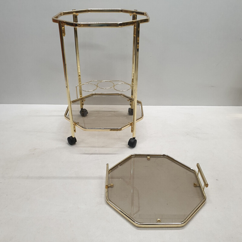 Vintage Octagonal gold-plated & smoked glass serving trolley with a removable tray by Morex, 1980s