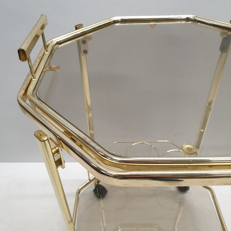 Vintage Octagonal gold-plated & smoked glass serving trolley with a removable tray by Morex, 1980s