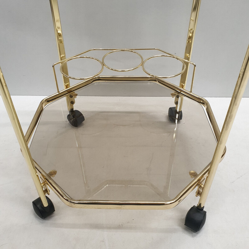 Vintage Octagonal gold-plated & smoked glass serving trolley with a removable tray by Morex, 1980s