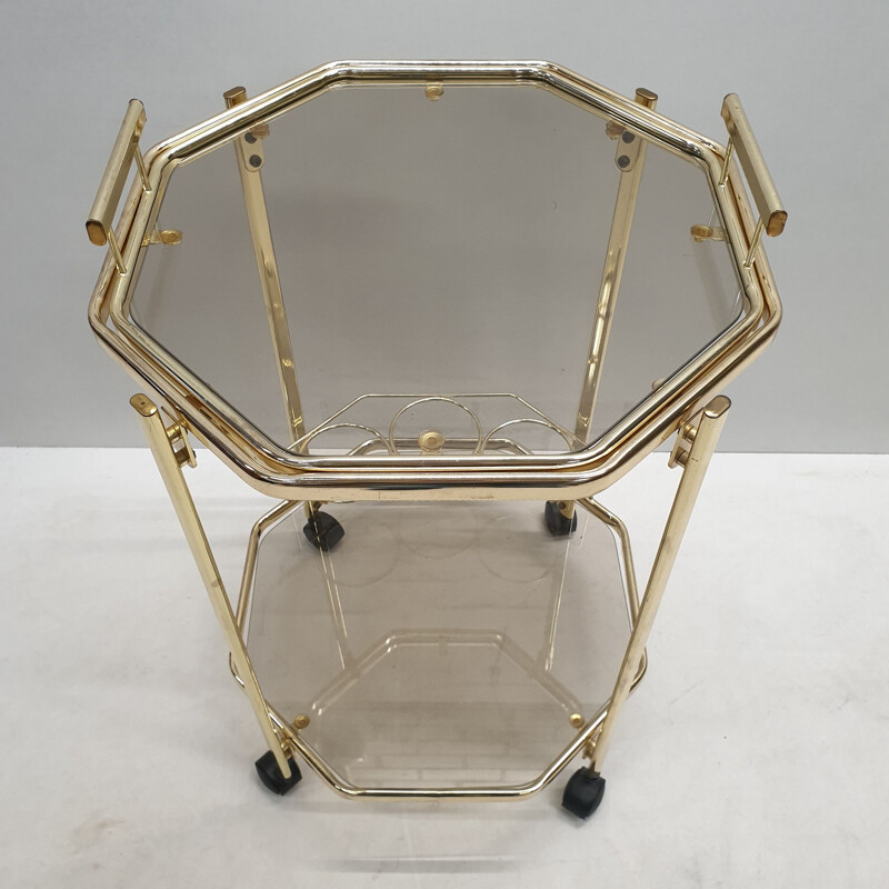 Vintage Octagonal gold-plated & smoked glass serving trolley with a removable tray by Morex, 1980s