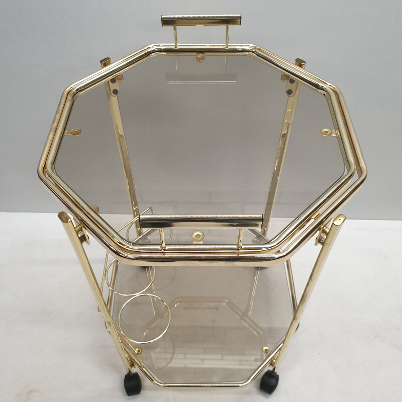 Vintage Octagonal gold-plated & smoked glass serving trolley with a removable tray by Morex, 1980s