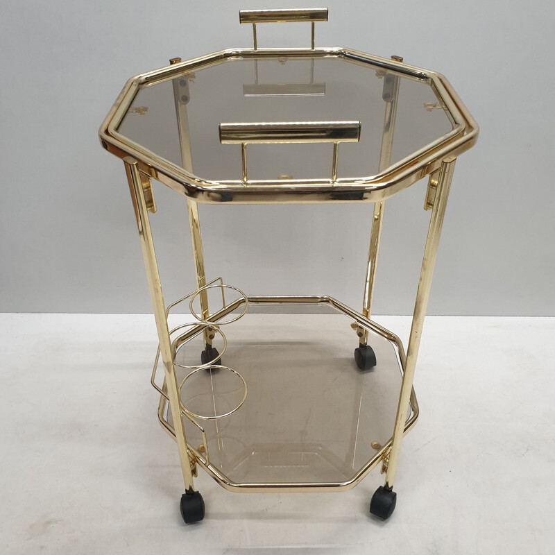 Vintage Octagonal gold-plated & smoked glass serving trolley with a removable tray by Morex, 1980s