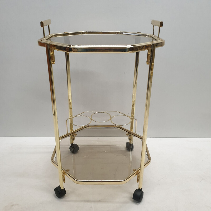 Vintage Octagonal gold-plated & smoked glass serving trolley with a removable tray by Morex, 1980s