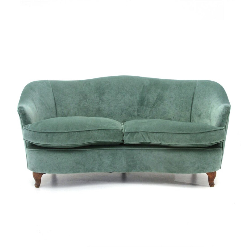 Italian vintage 2-seater curved green velvet sofa, 1950s