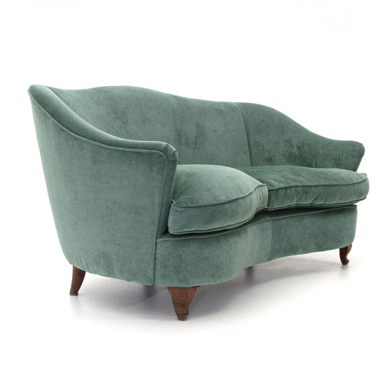 Italian vintage 2-seater curved green velvet sofa, 1950s