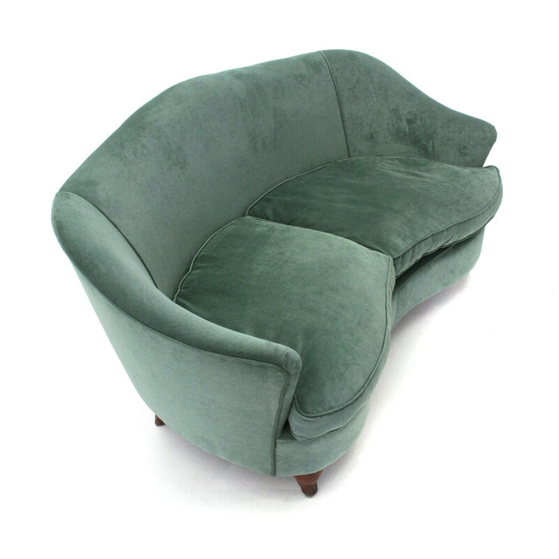 Italian vintage 2-seater curved green velvet sofa, 1950s