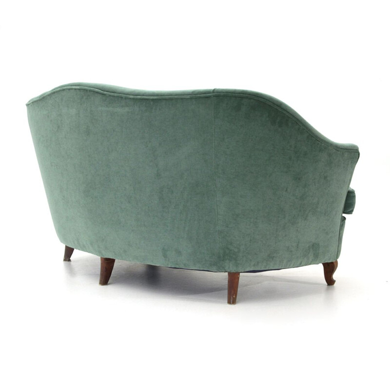 Italian vintage 2-seater curved green velvet sofa, 1950s