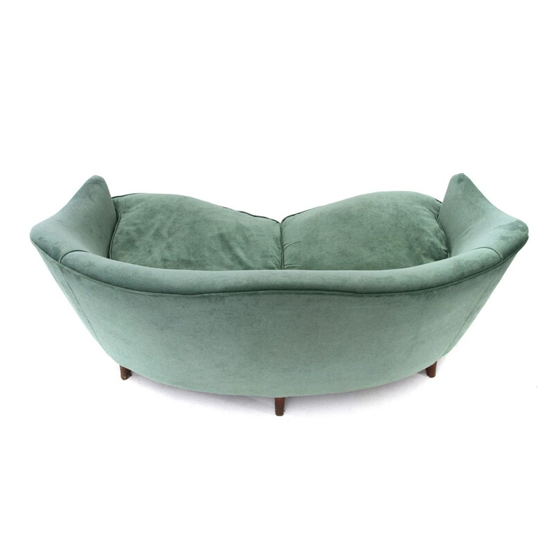 Italian vintage 2-seater curved green velvet sofa, 1950s