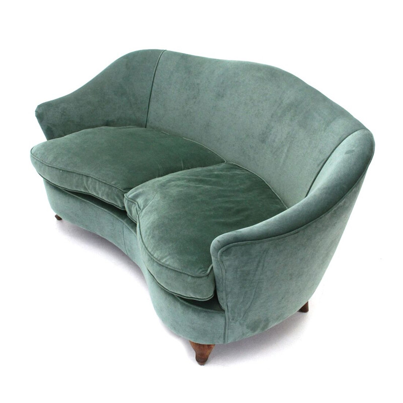 Italian vintage 2-seater curved green velvet sofa, 1950s