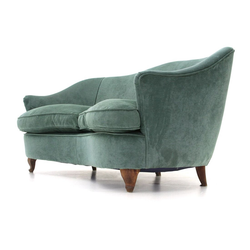 Italian vintage 2-seater curved green velvet sofa, 1950s