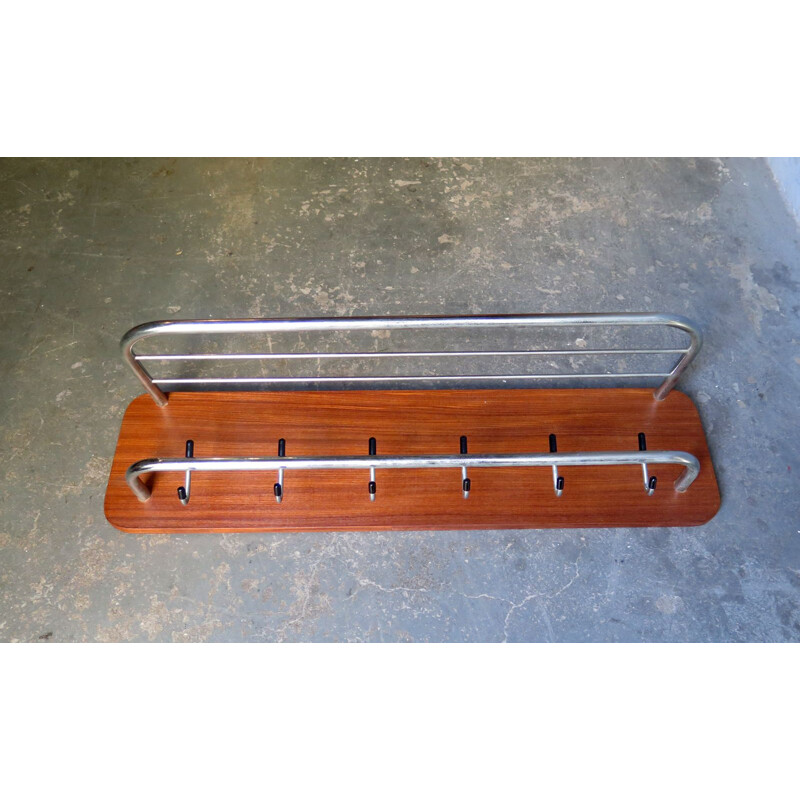 Vintage coat rack in wood and chrome metal, 1950s