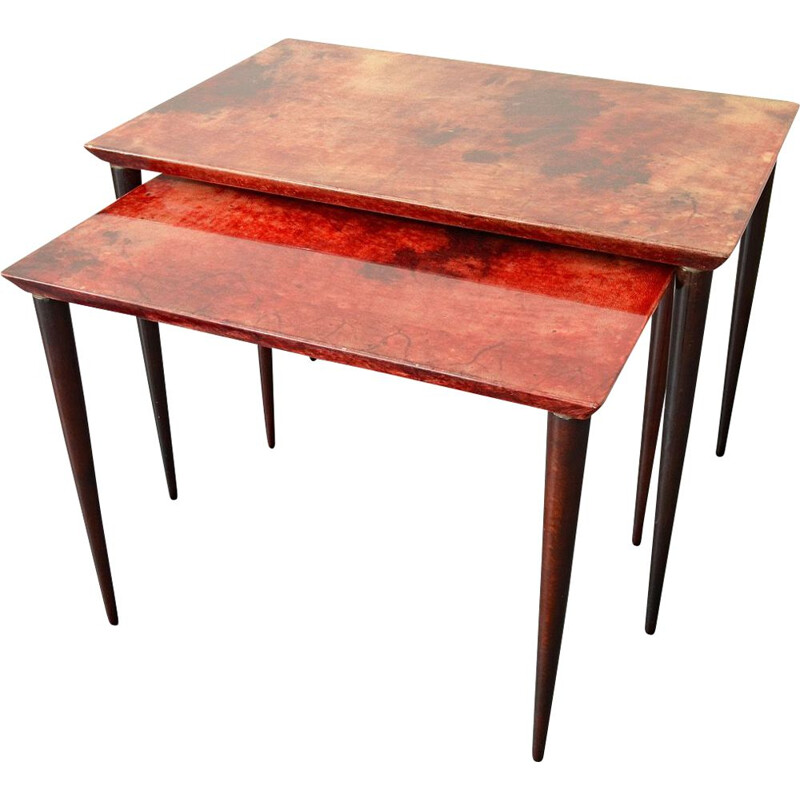 Vintage Red, lacquered Goatskin Nesting Tables by Aldo Tura for Tura Mobili, Italy 1960s. 