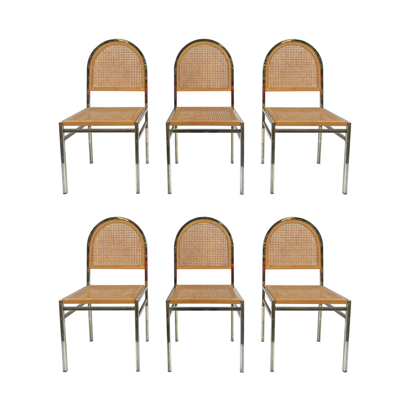 Ensemble de 6 chaises vintage en laiton et canne