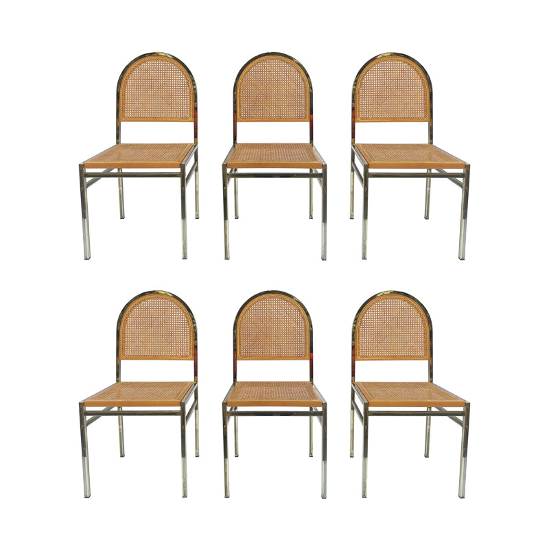 Set of 6 vintage Italian brass & cane dining chairs