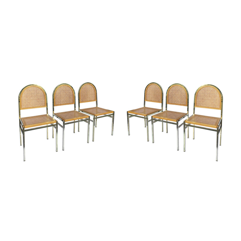 Ensemble de 6 chaises vintage en laiton et canne