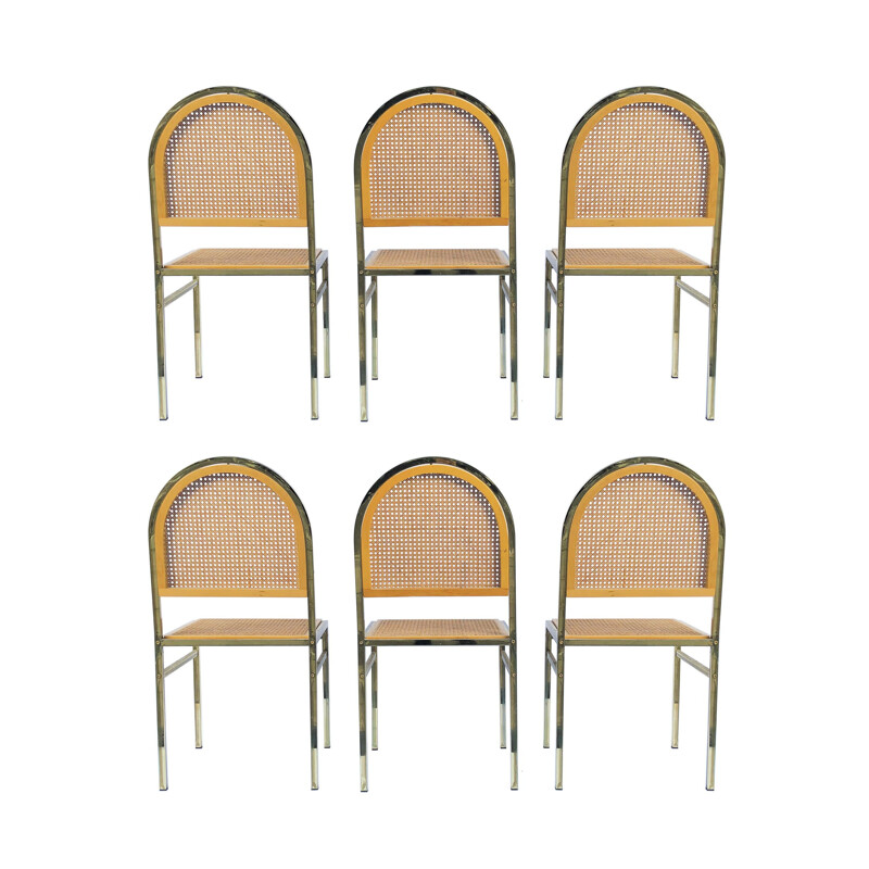 Set of 6 vintage Italian brass & cane dining chairs