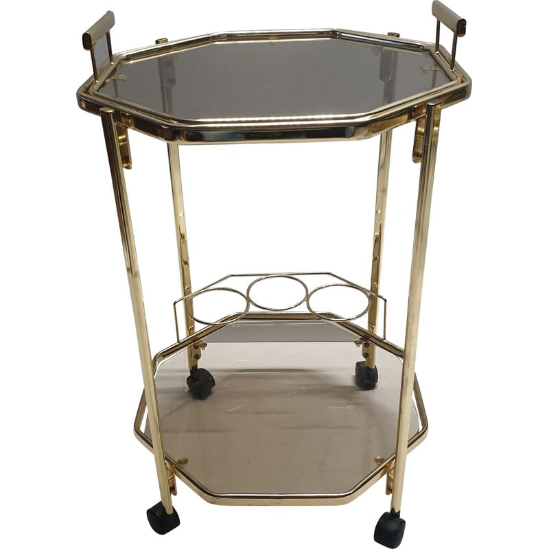 Vintage Octagonal gold-plated & smoked glass serving trolley with a removable tray by Morex, 1980s