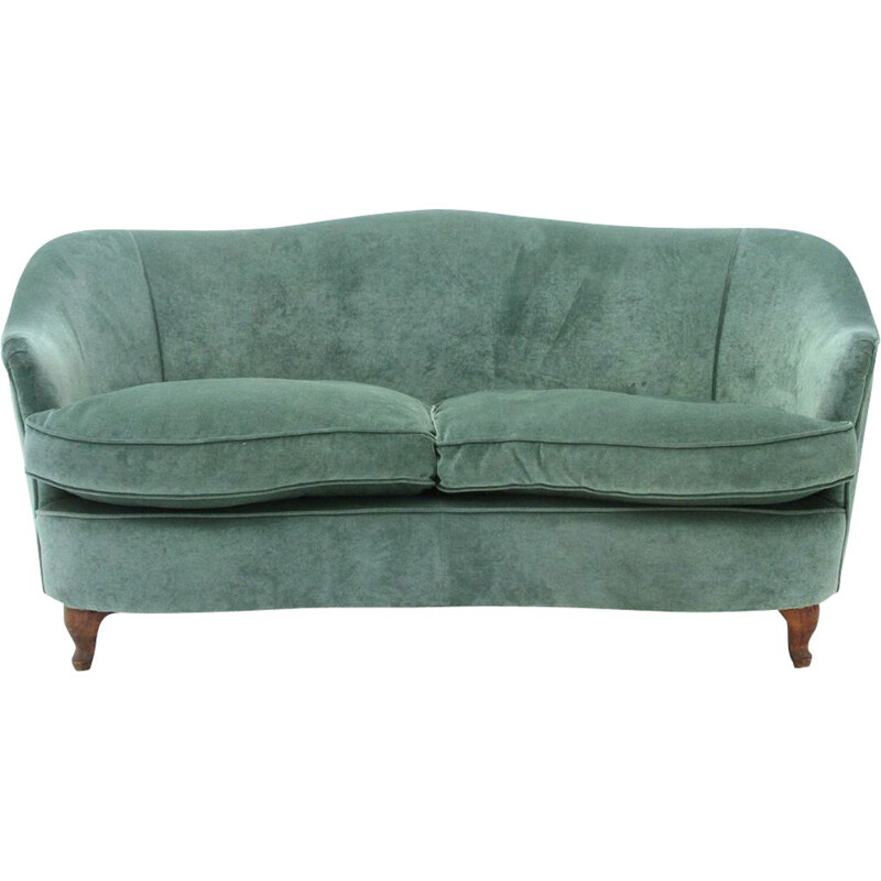 Italian vintage 2-seater curved green velvet sofa, 1950s