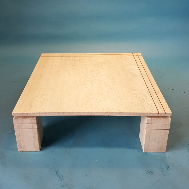 Vintage Italian travertine coffee table with brass details, 1970s