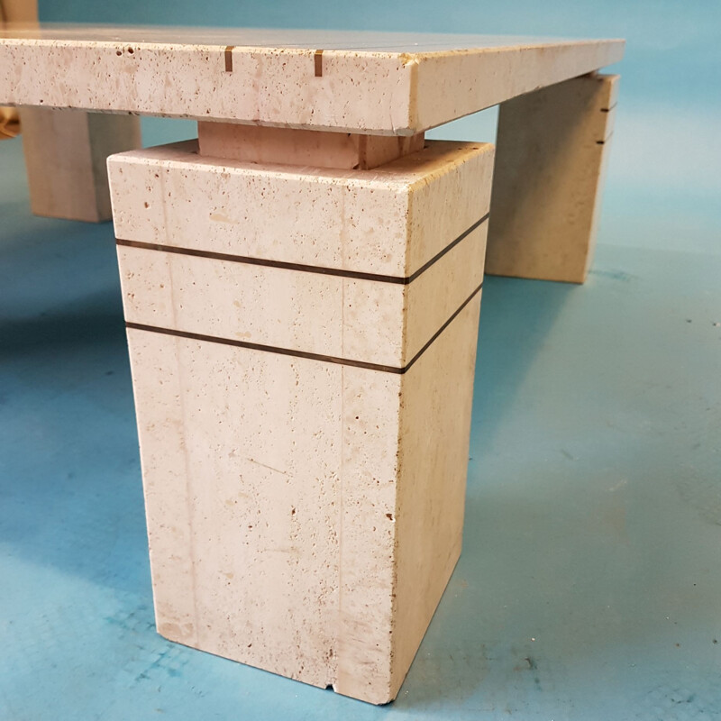 Vintage Italian travertine coffee table with brass details, 1970s