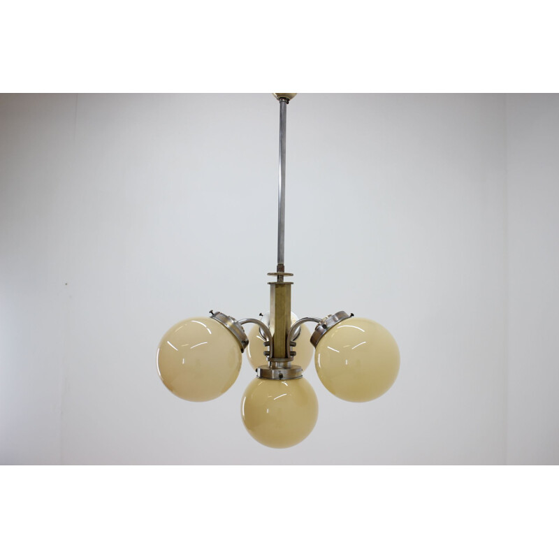 Vintage art Deco chandelier in brass and glass, 1930s