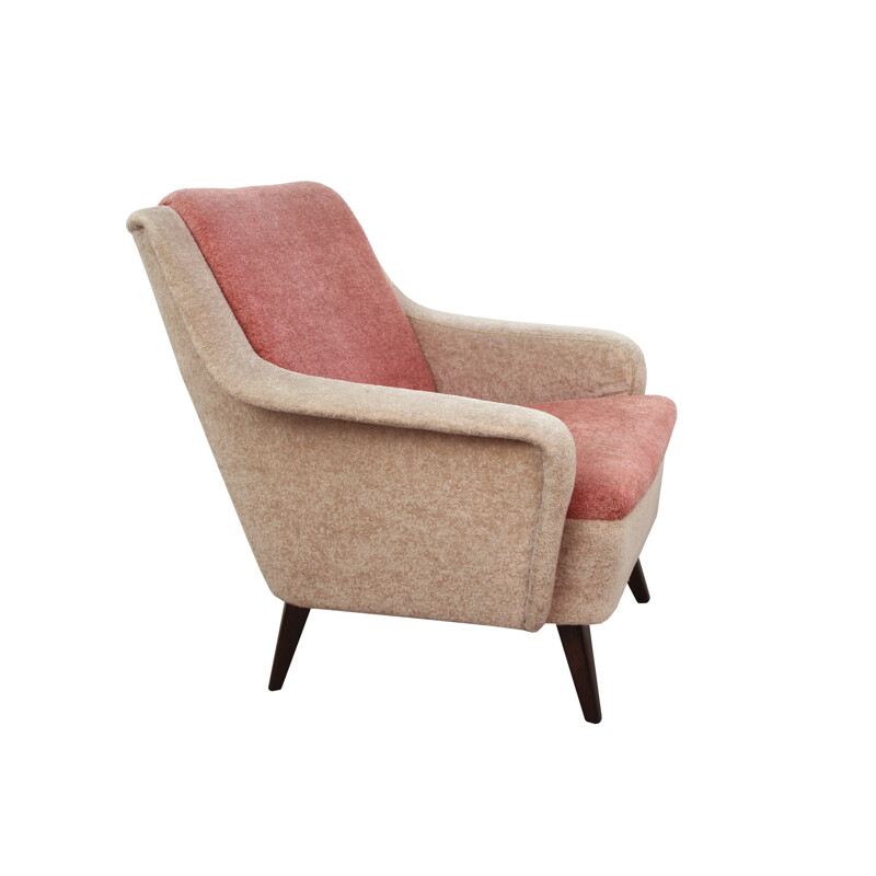 Bicolour armchair in beige and light pink velvet - 1950s