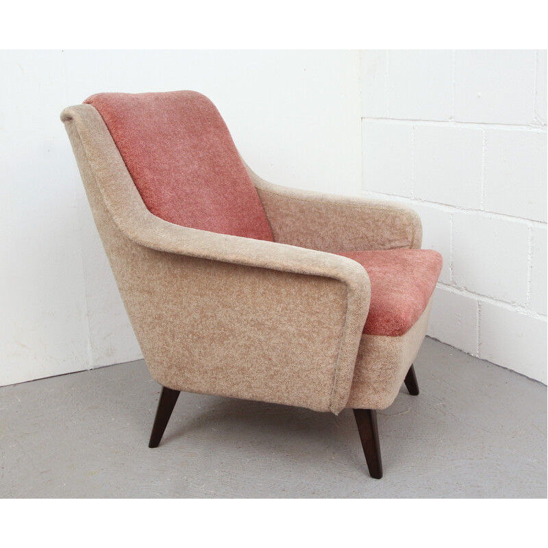 Bicolour armchair in beige and light pink velvet - 1950s