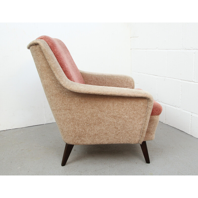 Bicolour armchair in beige and light pink velvet - 1950s