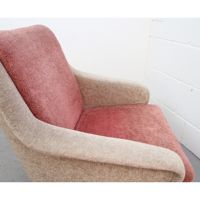 Bicolour armchair in beige and light pink velvet - 1950s