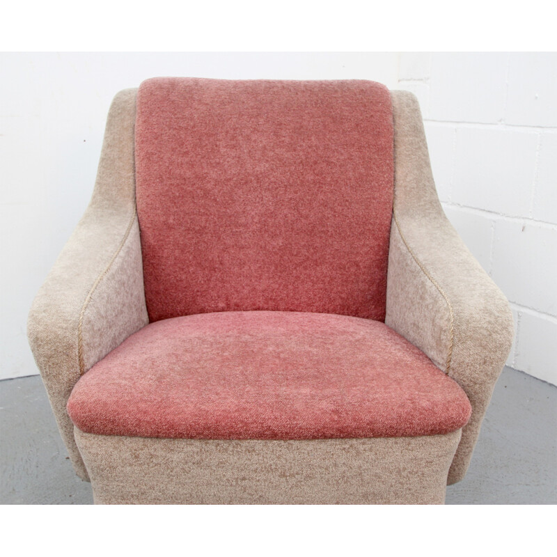 Bicolour armchair in beige and light pink velvet - 1950s